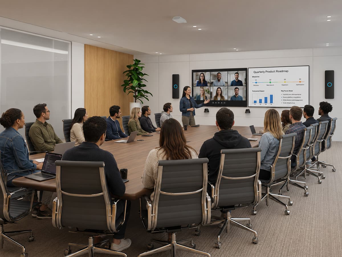 Faculty and staff in a hybrid meeting room with remote participants and Nureva HDX audio bars