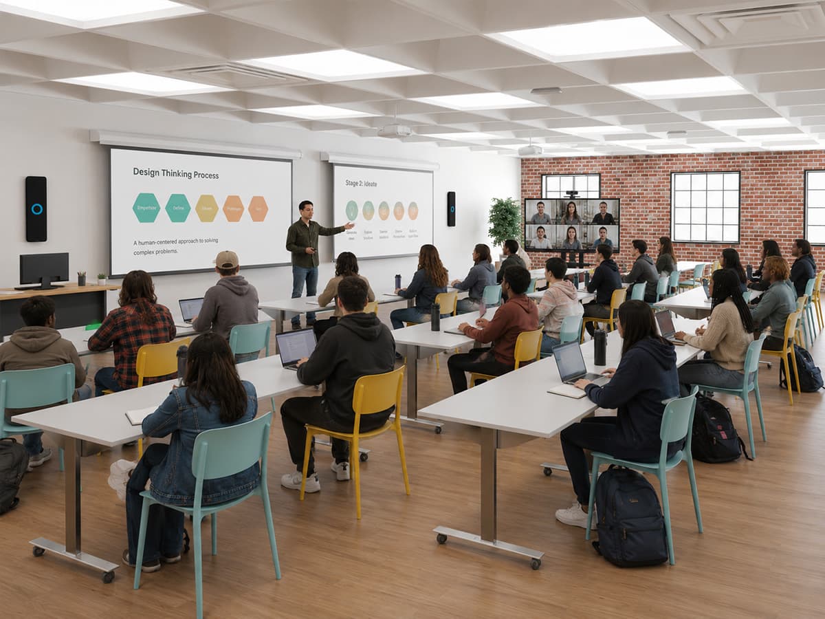 Instructor and students in a HyFlex classroom with remote participants and Nureva HDX audio bars