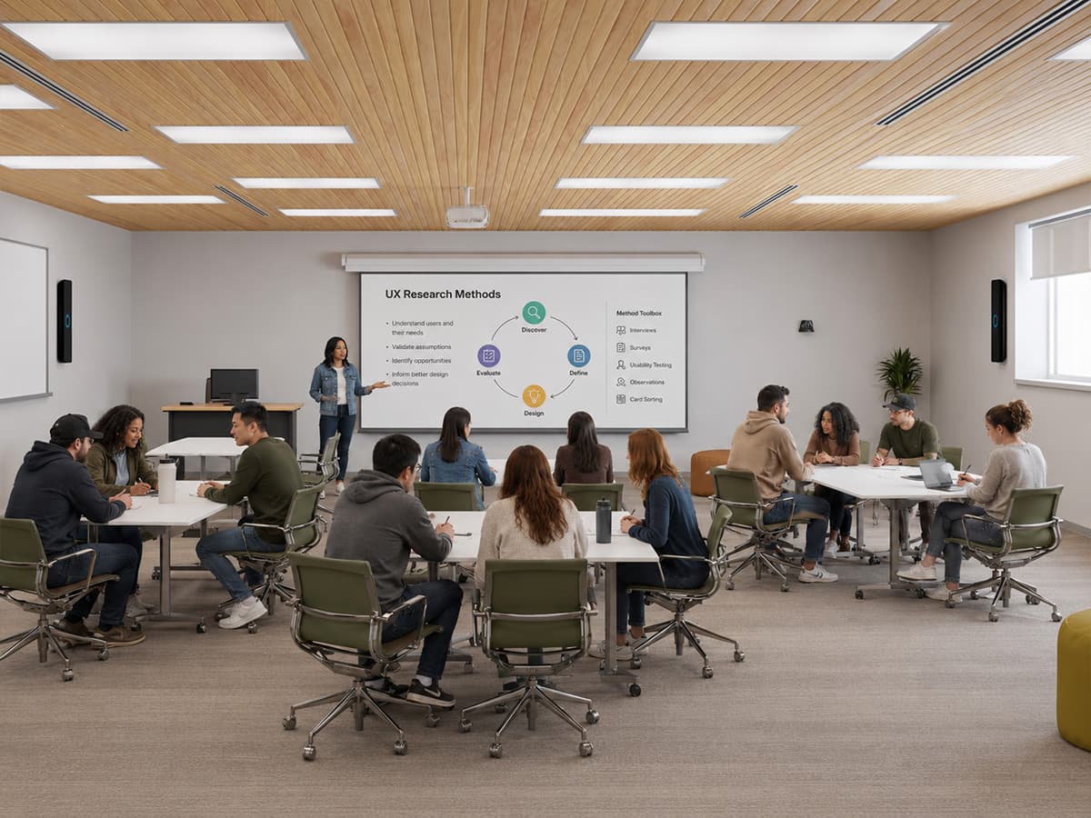 Students working in groups in a multipurpose classroom with Nureva HDX audio bars