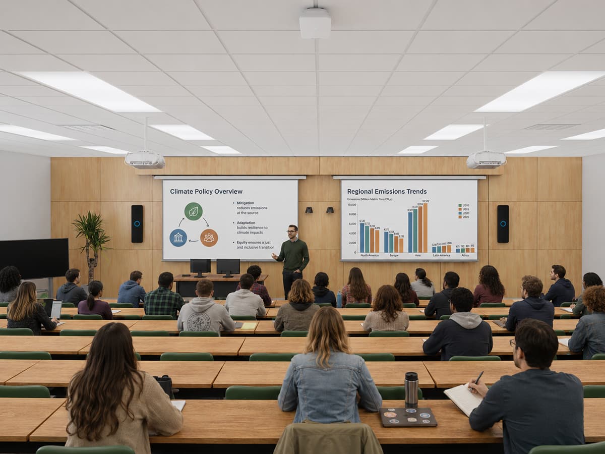 Presenter addressing students in a university lecture hall with Nureva HDX audio bars