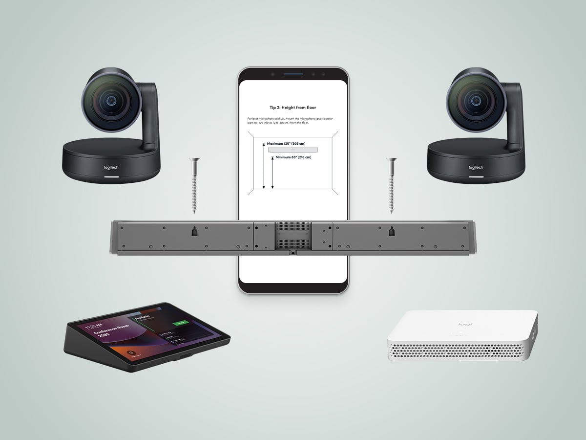 Logitech video conferencing hardware installation kit including two Rally PTZ cameras, a Rally Bar, a Tap IP room controller and a Logi Dock compute module, shown with a mobile installation guide on screen.