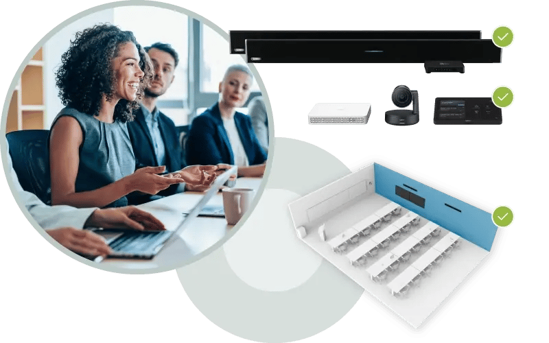 Composite marketing image showing a diverse professional team collaborating in a meeting room alongside Nureva HDL410 audio conferencing system, Logitech AV hardware components including a Rally Bar, PTZ cameras and room divider system, with green checkmarks indicating compatibility.