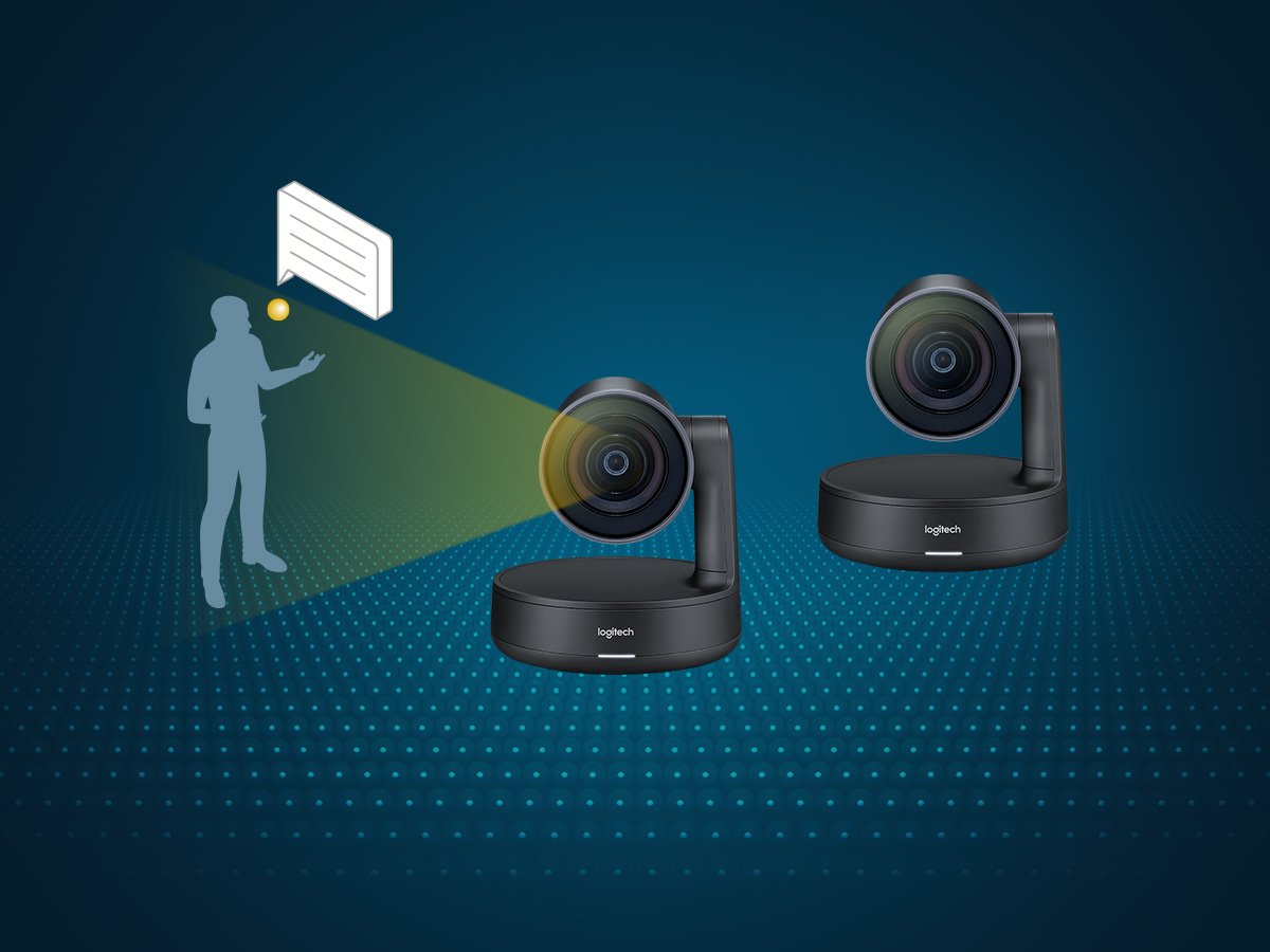 Illustration of Logitech simplified camera switching technology with two Rally PTZ cameras automatically tracking an active speaker, depicted by a silhouette and directional light beam on a dark blue background.