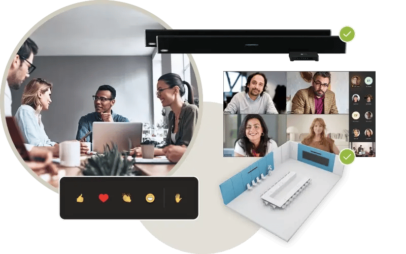 Composite image showing professionals collaborating in a extra-large meeting room alongside a Nureva HDL410 audio conferencing system with a green compatibility checkmark, a Microsoft Teams video call on a large display and a 3D room layout diagram.