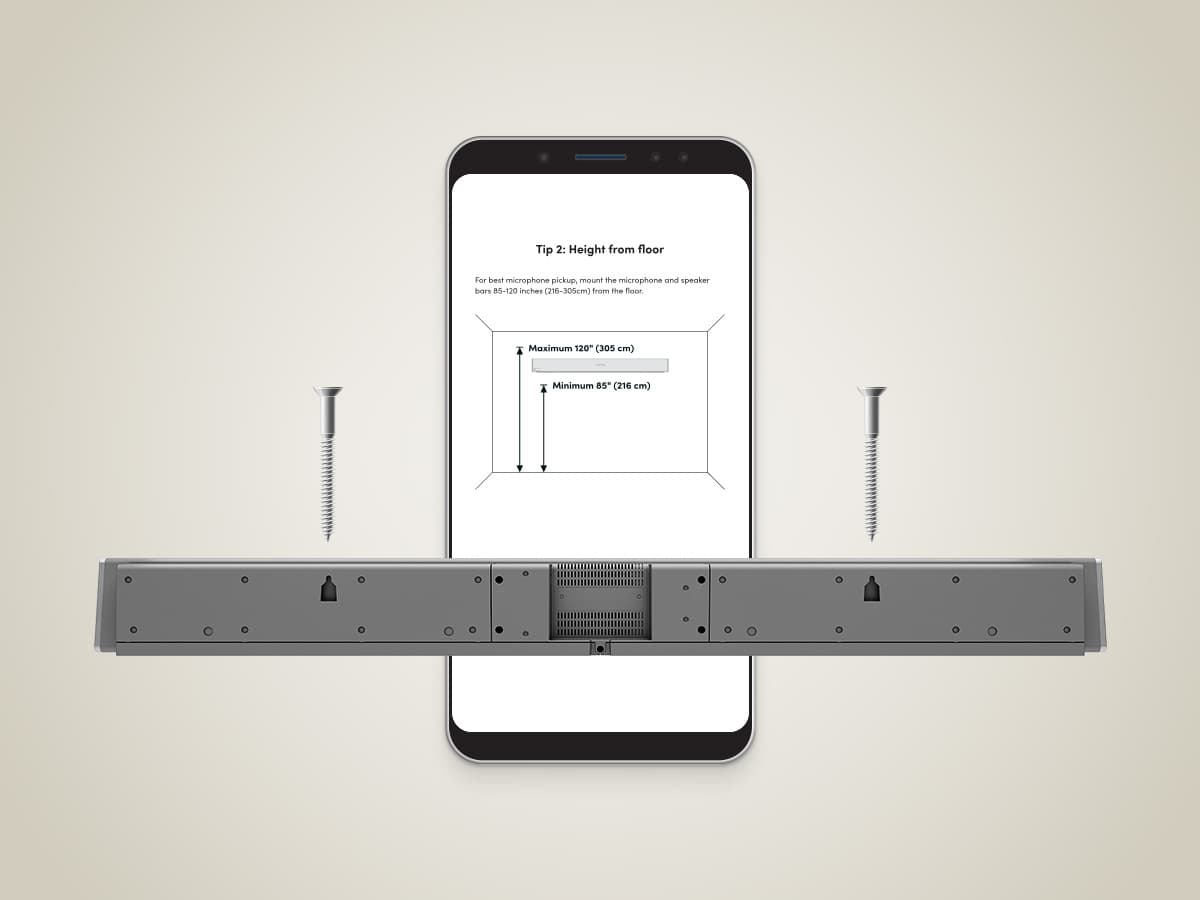 Nureva HDL microphone and speaker bar shown from the rear with mounting hardware, alongside a mobile phone screen displaying installation tip showing recommended mounting height of 85 to 120 inches from the floor.