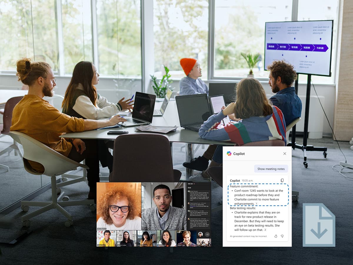 Modern hybrid team meeting optimized for Microsoft Copilot in Teams, with in-person participants collaborating at a glass-walled meeting table on laptops while remote colleagues join via Teams video and a Copilot panel displays AI-generated meeting notes and feature commitment summaries.