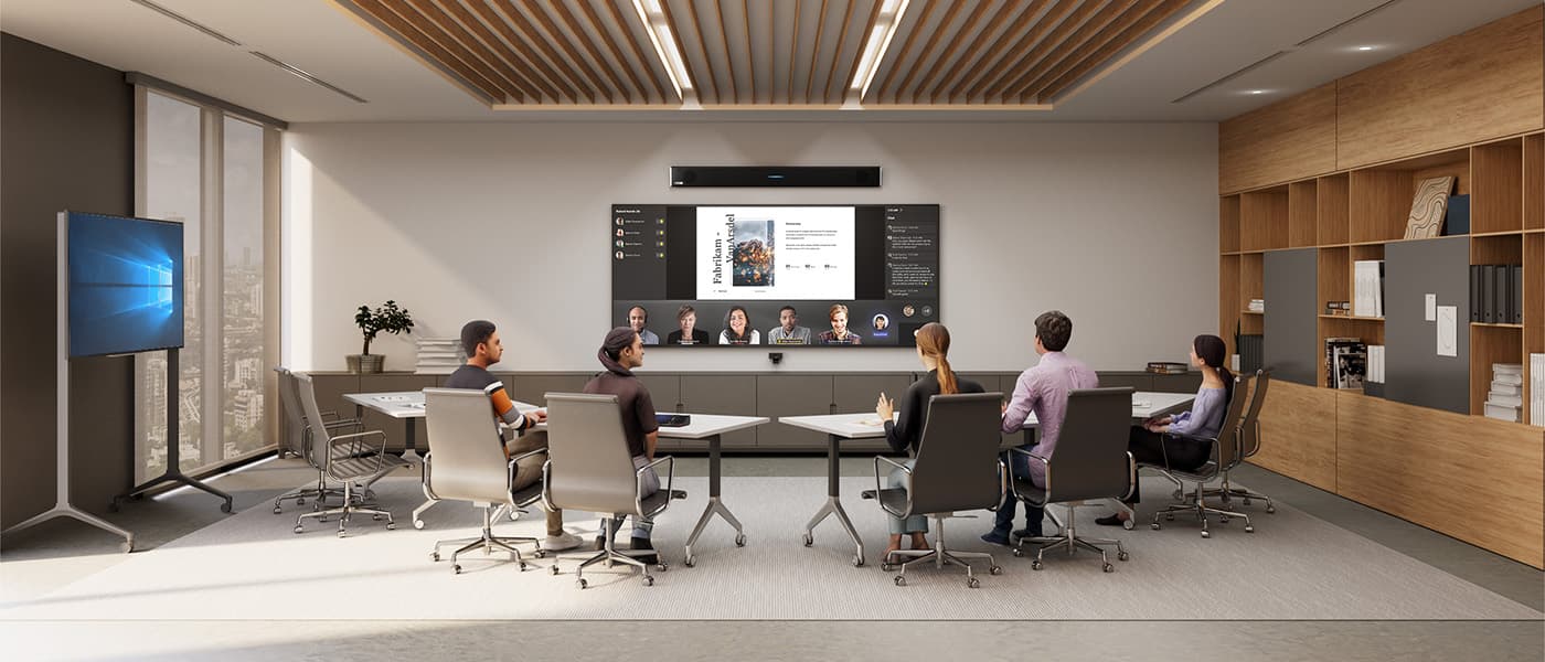 Immersive Microsoft Teams meeting room featuring a Microsoft-certified Nureva HDL310 audio conferencing system mounted above an integrated wall display running a Teams call, with participants seated at parallel meeting tables in a warm, modern boardroom with wood-slat ceiling and floor-to-ceiling windows.