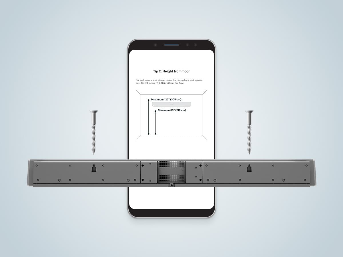 Nureva HDL microphone and speaker bar shown from the rear with mounting hardware, alongside a mobile phone screen displaying installation tip showing recommended mounting height of 85 to 120 inches from the floor.