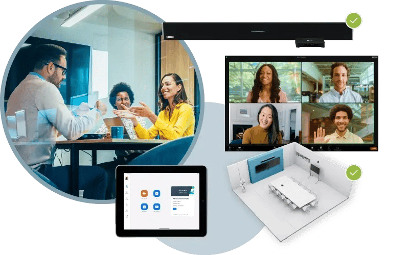 Composite image showing professionals collaborating in a small meeting room alongside a Nureva HDL310 audio conferencing system with a green compatibility checkmark, a Zoom Rooms video call on a large display, a Zoom Rooms tablet controller and a 3D room layout diagram.
