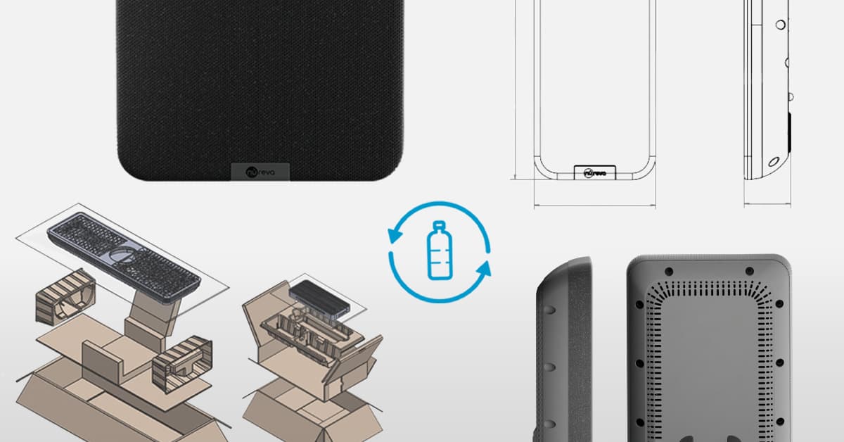 A collage of product design renderings and packaging concepts. At the top left is a Nureva HDX audio bar and on the right are technical line drawings showing its side and bottom views. Below are two illustrations of cardboard packaging and back and side views of the bar. A recycling icon is in the center.