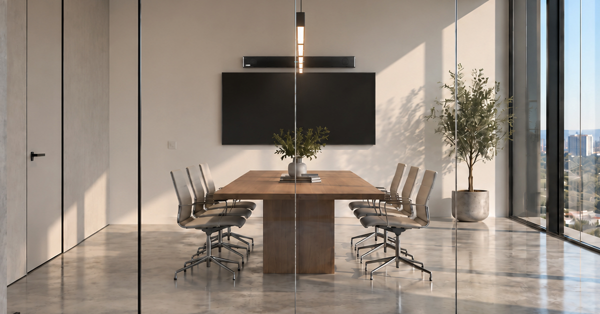 Modern glass-walled conference room with a long wooden meeting table, office chairs, a wall-mounted display, an HDL310 audio conferencing system and potted plants near floor-to-ceiling windows, demonstrating some of the meeting room features that result in the need for acoustic treatment or an audio system with continuous autocalibration.