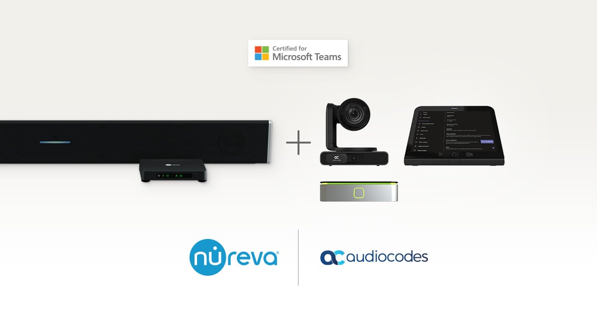 Nureva HDL310 audio system, comprising a horizontal microphone and speaker bar and a small connect module, alongside an AudioCodes PTZ camera, AV hub and meeting room controller. Above the devices is a certified for Microsoft Teams badge and below are the Nureva and AudioCodes logos.