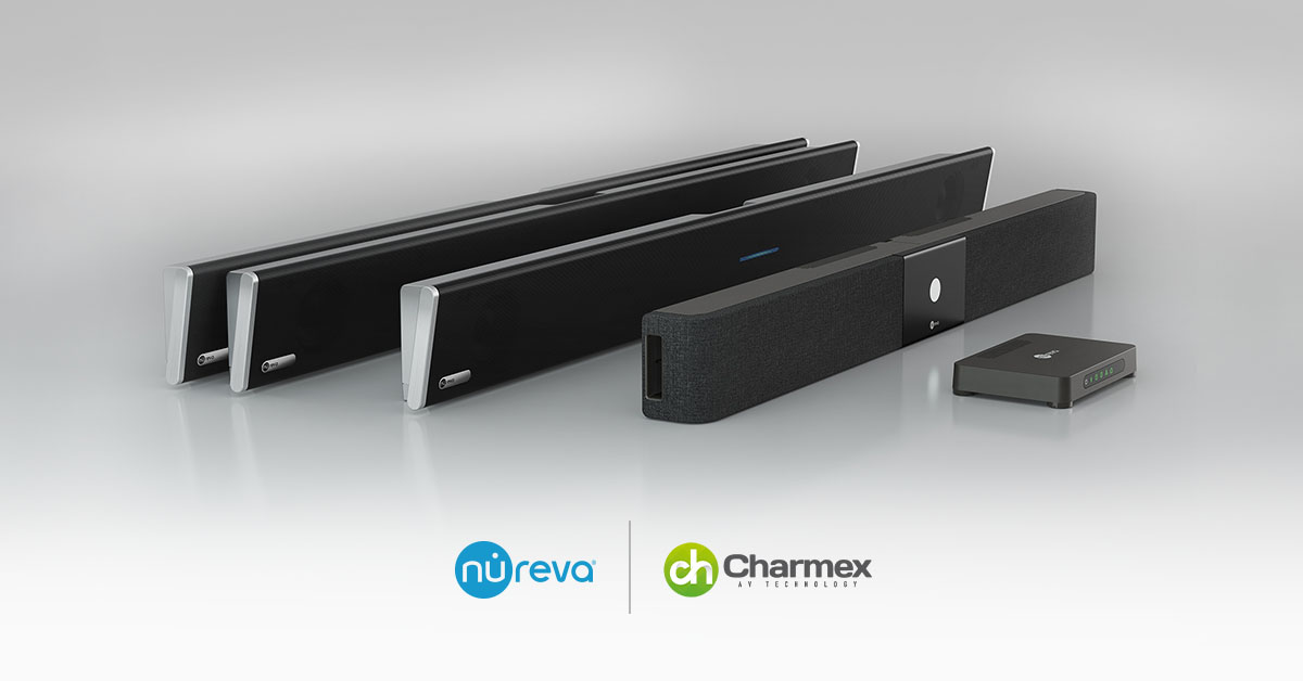 The product line of Nureva audio conferencing systems, with integrated microphone and speaker bars and connect modules, with the Nureva and Charmex logos.