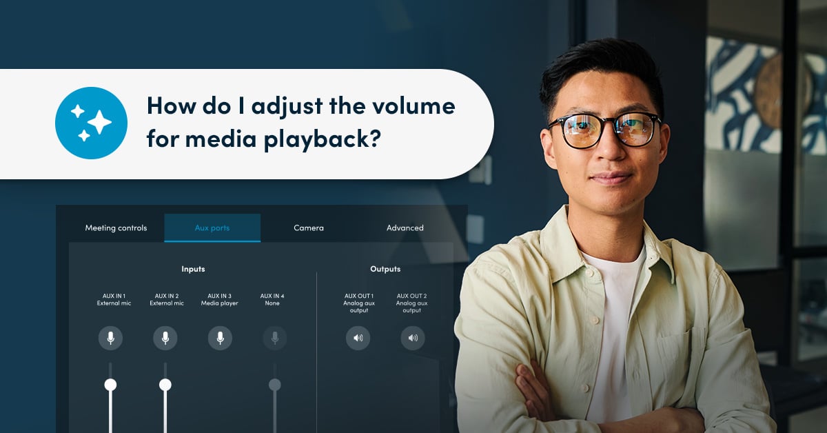 An IT team member with arms folded beside a Room Assistant chat interface in Nureva Console with the question “How do I adjust the volume for media playback?”