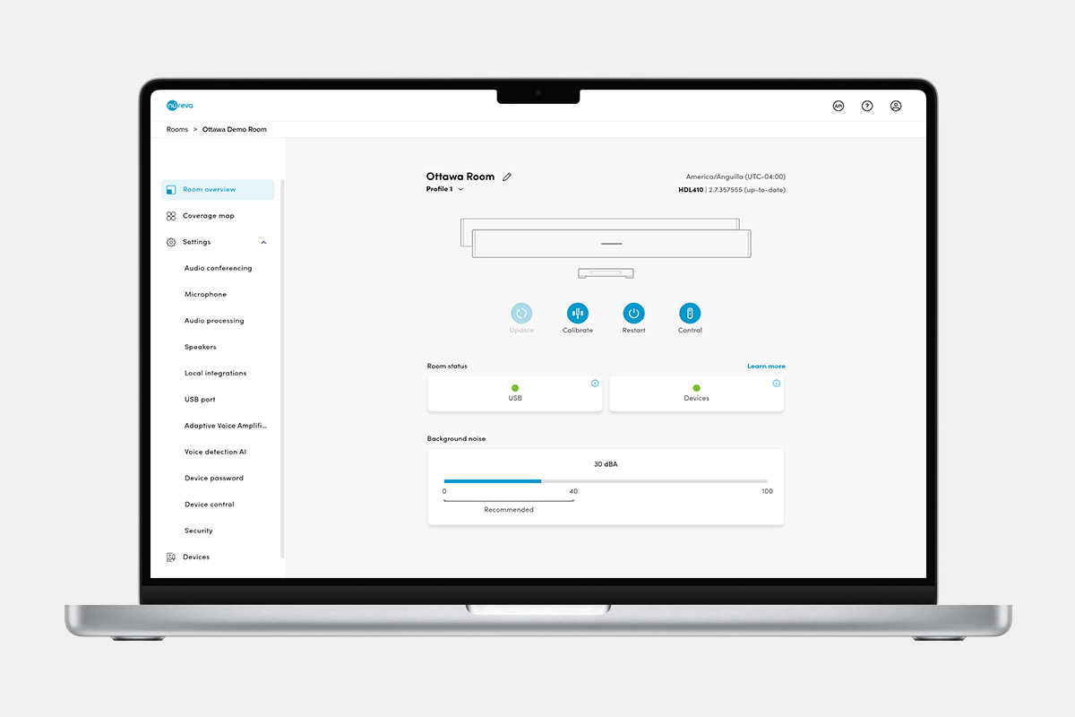 Nureva Console room management sonftware interface showing active room status