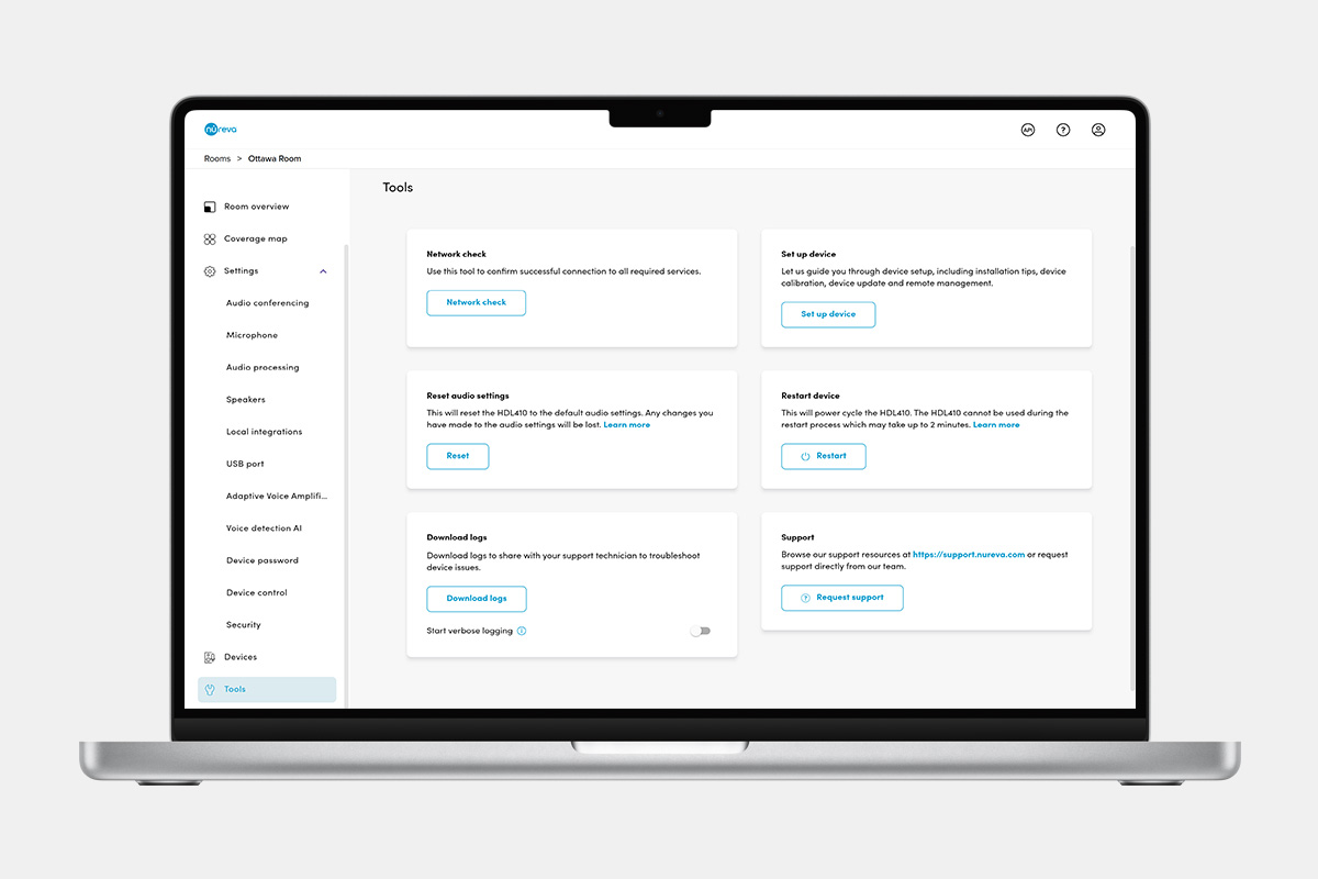 Nureva Console tools software interface showing 5 buckets supporting network check, device set up, reset settings and more.