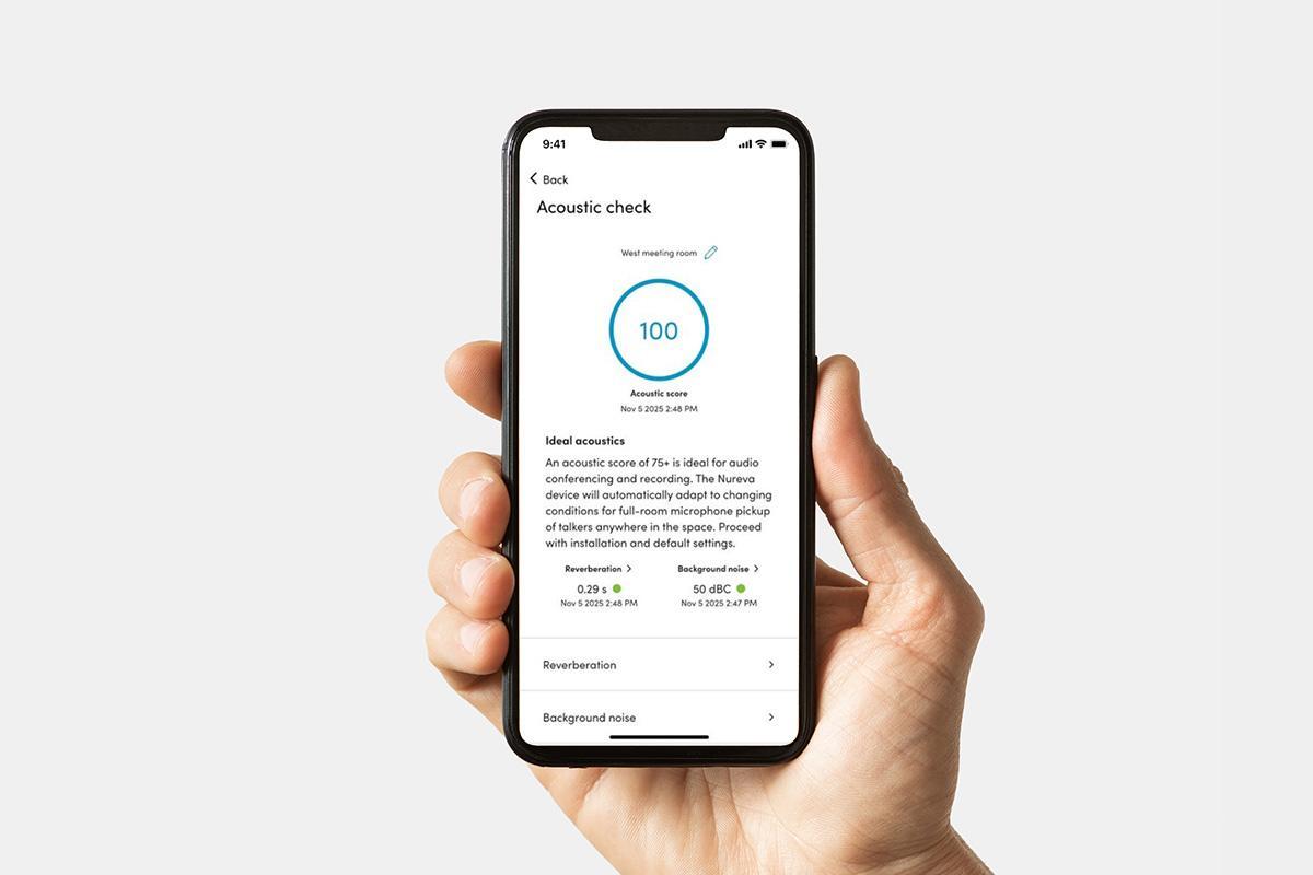 Nureva App interface displayed on a smartphone showing acoustic check results, including sound score, reverberation, and background noise metrics for optimizing audio performance in meeting spaces.