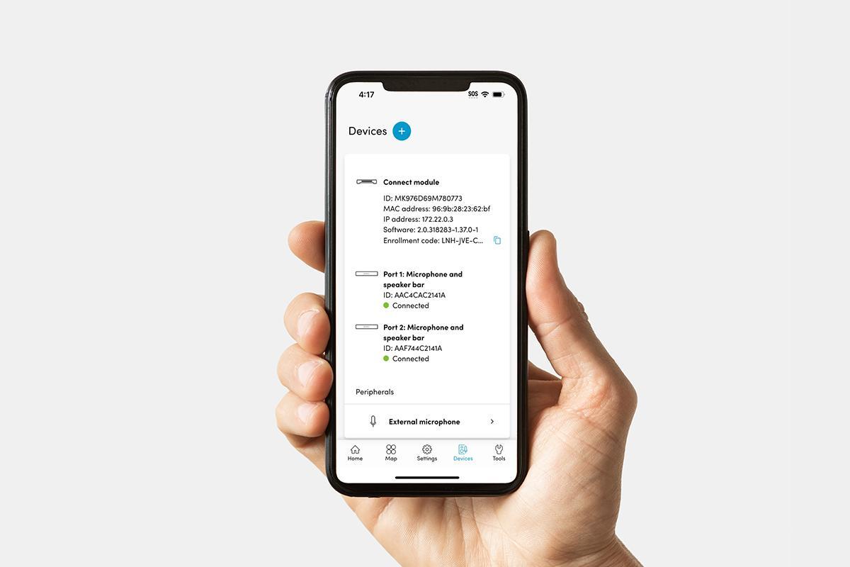 Nureva App interface on a smartphone showing connected devices, including microphone and speaker bars, connect module and analog aux device, for managing audio hardware in meeting spaces.