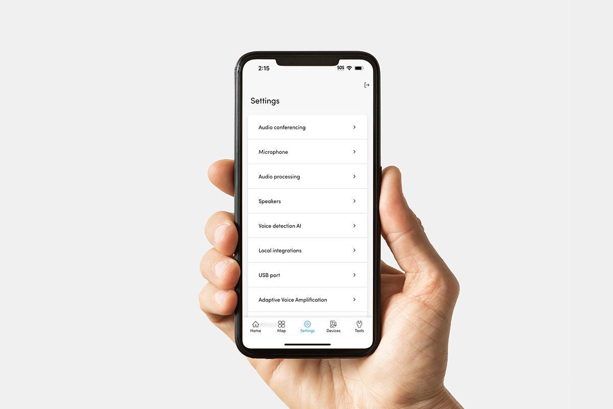 Nureva App interface on a smartphone showing the settings page with options for audio conferencing, microphone, audio processing, speakers, voice detection, local integrations, USB port, and network.