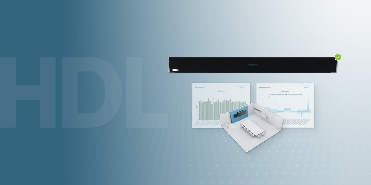 Nureva HDL series complete audio solution featuring an advanced audio conferencing bar, analytics dashboards and room coverage visualization for optimized meeting and classroom sound performance.