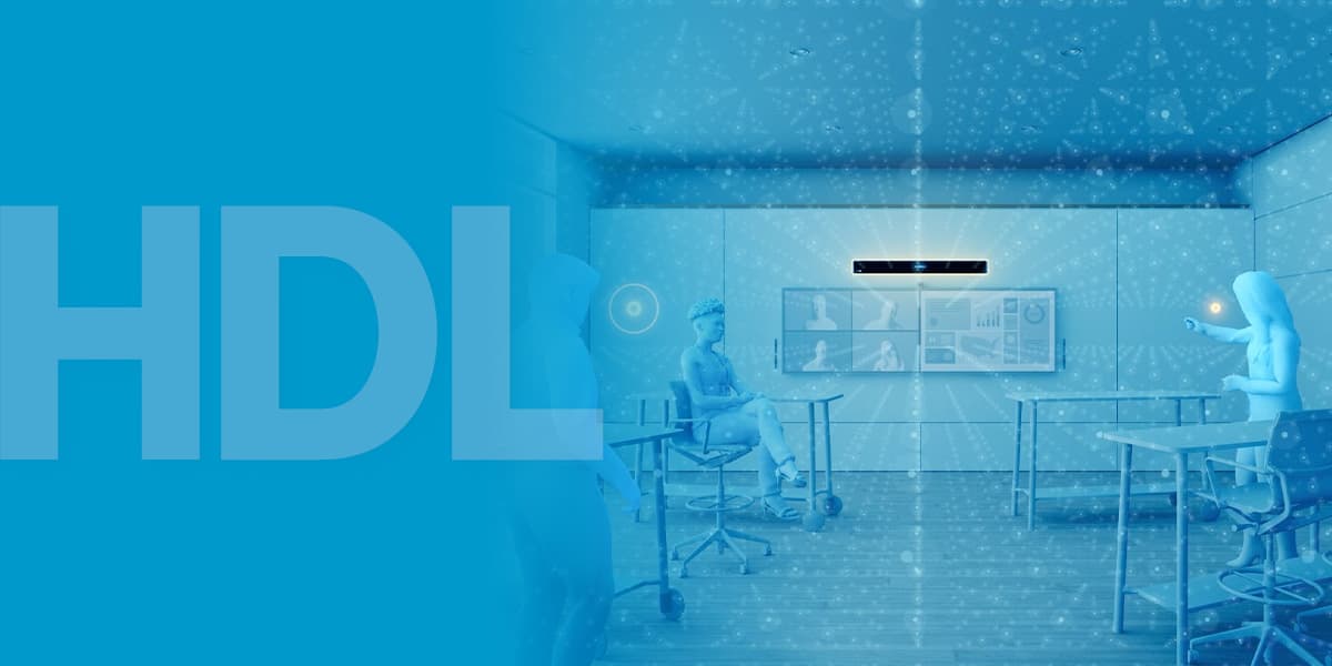 Illustration of Nureva HDL series providing full-room audio coverage in a modern meeting room. Shows the HDL310 audio conferencing system and Microphone Mist technology delivering clear sound for collaboration.