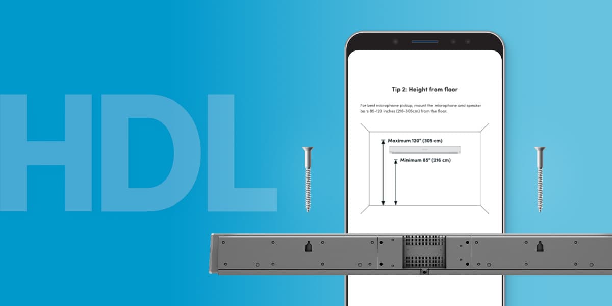 Nureva HDL series installation guide showing recommended mounting height and spacing for wall-mounted microphone and speaker bar. Includes visual instructions on a mobile device with screws and hardware for easy setup in classrooms or meeting rooms.