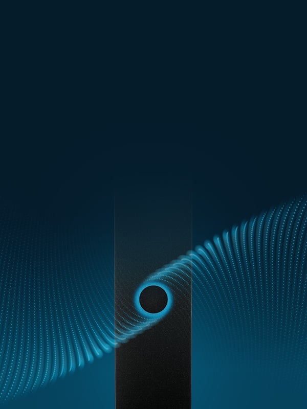 HDX audio system with vertical rectangular black audio bar, illuminated blue ring in the middle and an overlay of blue dots representing Microphone Mist technology.