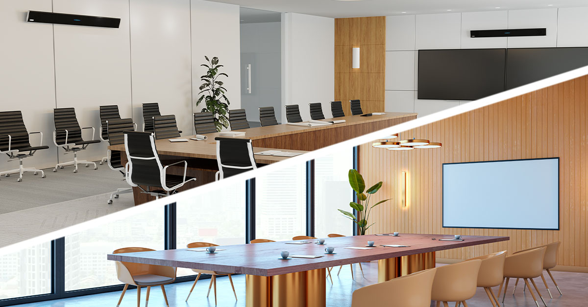 A split screen of two meeting rooms featuring modern-looking furniture, a glass wall (on one of them) and AV products including Nureva audio solutions.
