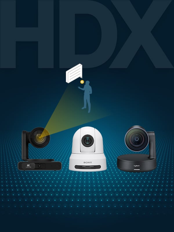 Graphic illustrating Nureva HDX series using 3D sound location data to integrate with PTZ cameras for automatic speaker tracking in large meeting rooms and hybrid conferencing environments.