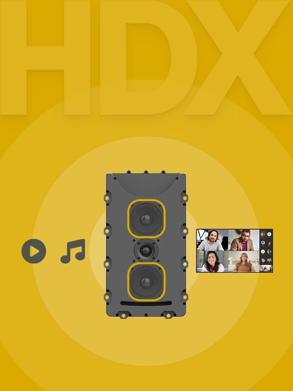 Graphic illustrating Nureva HDX series full-range distributed audio feature, showing internal speaker components and video conferencing integration for clear sound in large meeting spaces.