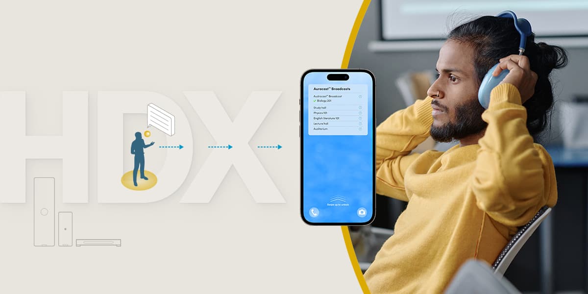 Graphic illustrating Nureva HDX series supporting assistive listening with Auracast™ broadcast audio, showing Bluetooth-enabled headphones and a mobile device interface for accessible audio in meeting spaces.