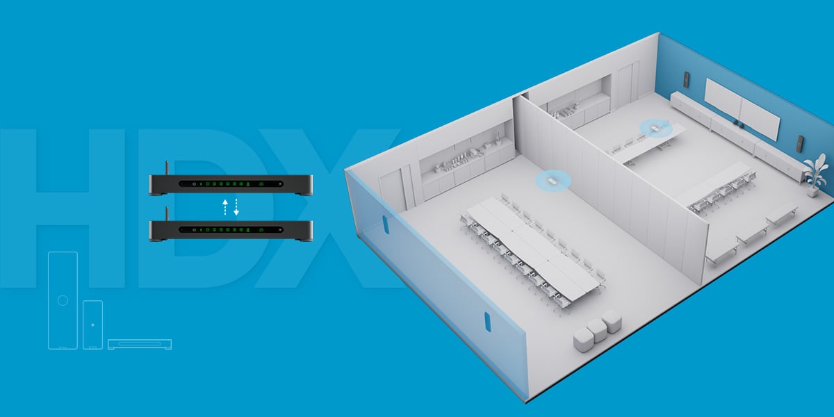 Graphic illustrating Nureva HDX series with divisible room automation feature, showing two connected control units and a 3D layout of a meeting space that can be split into separate rooms for flexible audio coverage.