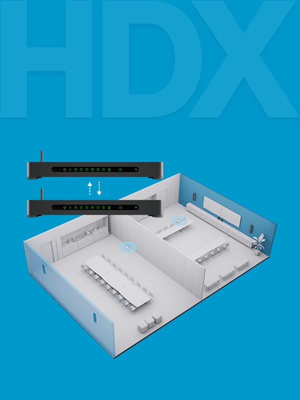 Graphic illustrating Nureva HDX series with divisible room automation feature, showing two connected control units and a 3D layout of a meeting space that can be split into separate rooms for flexible audio coverage.