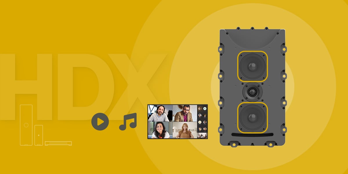 Graphic illustrating Nureva HDX series full-range distributed audio feature, showing internal speaker components and video conferencing integration for clear sound in large meeting spaces.