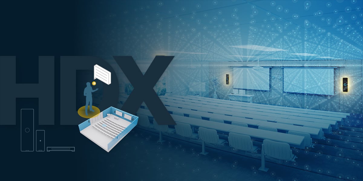 Graphic illustrating Nureva HDX series delivering full-room microphone coverage in a large lecture hall, with wall-mounted audio bars and visualized sound pickup for hybrid learning and presentations.