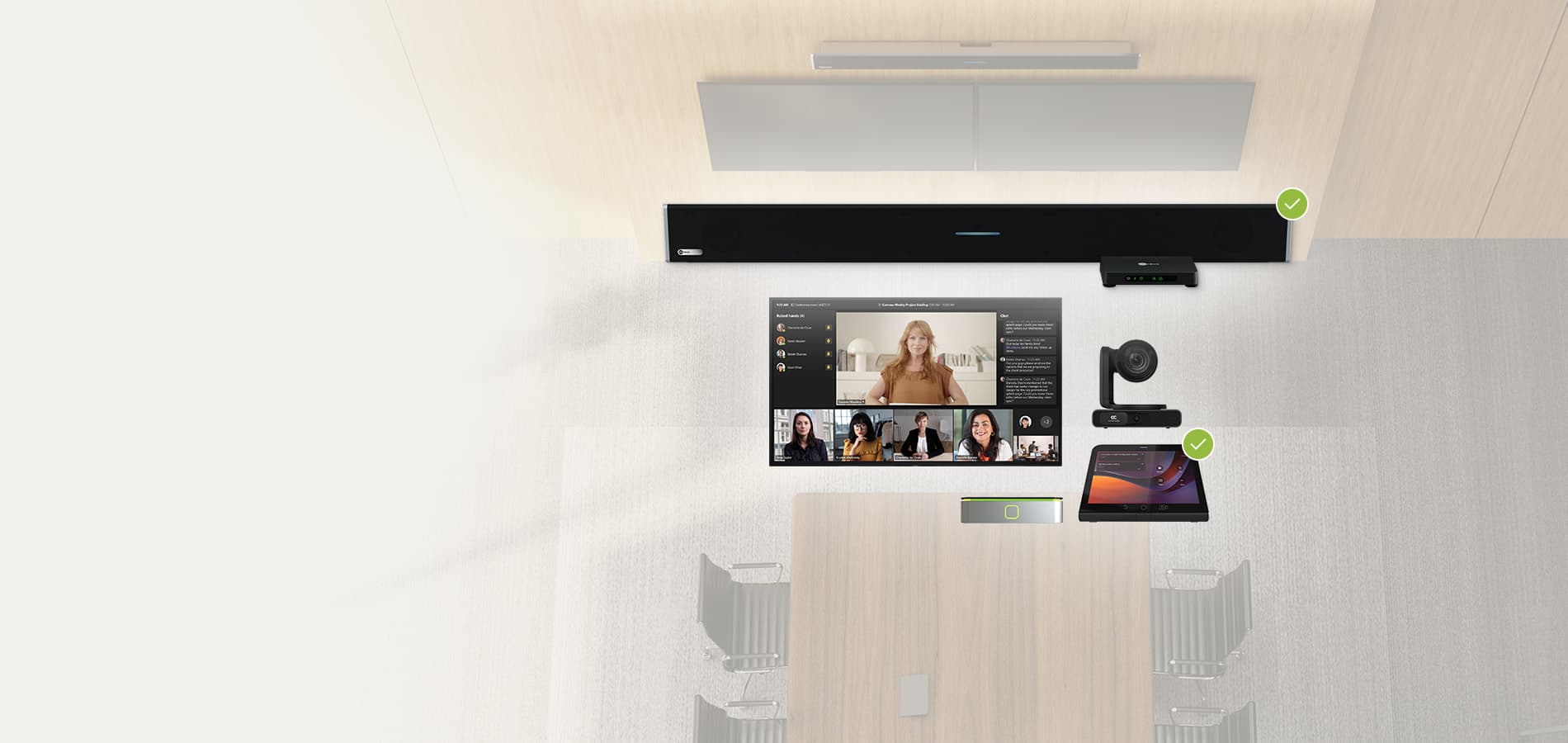 Nureva and AudioCodes hardware ecosystem and overhead room view