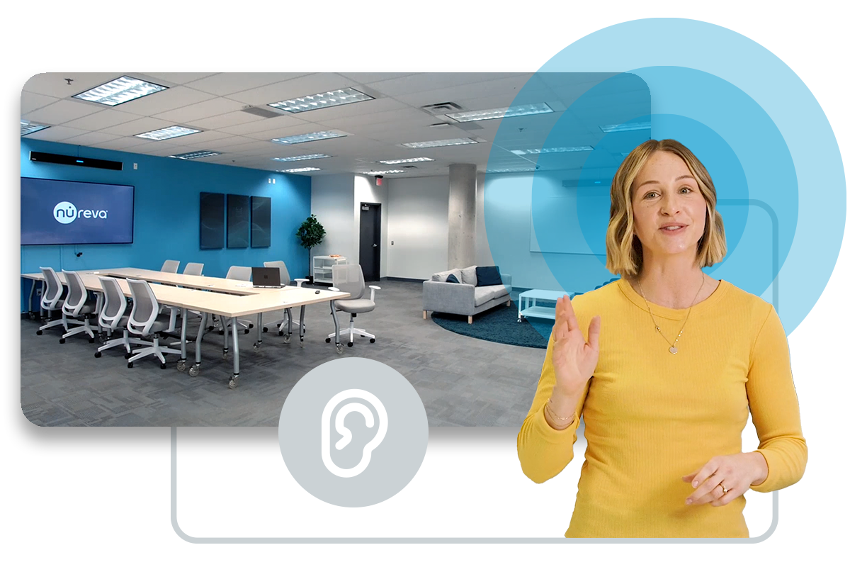 Demo room featuring the Nureva HDL410 audio conferencing system for extra-large spaces