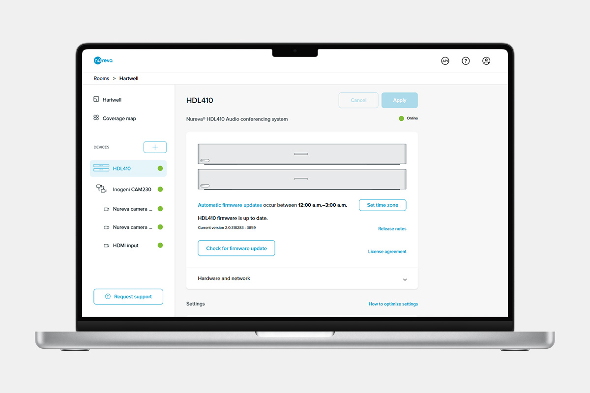 Nureva Console device troubleshooting interface
