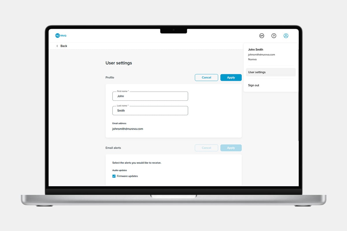 Nureva Console user settings interface