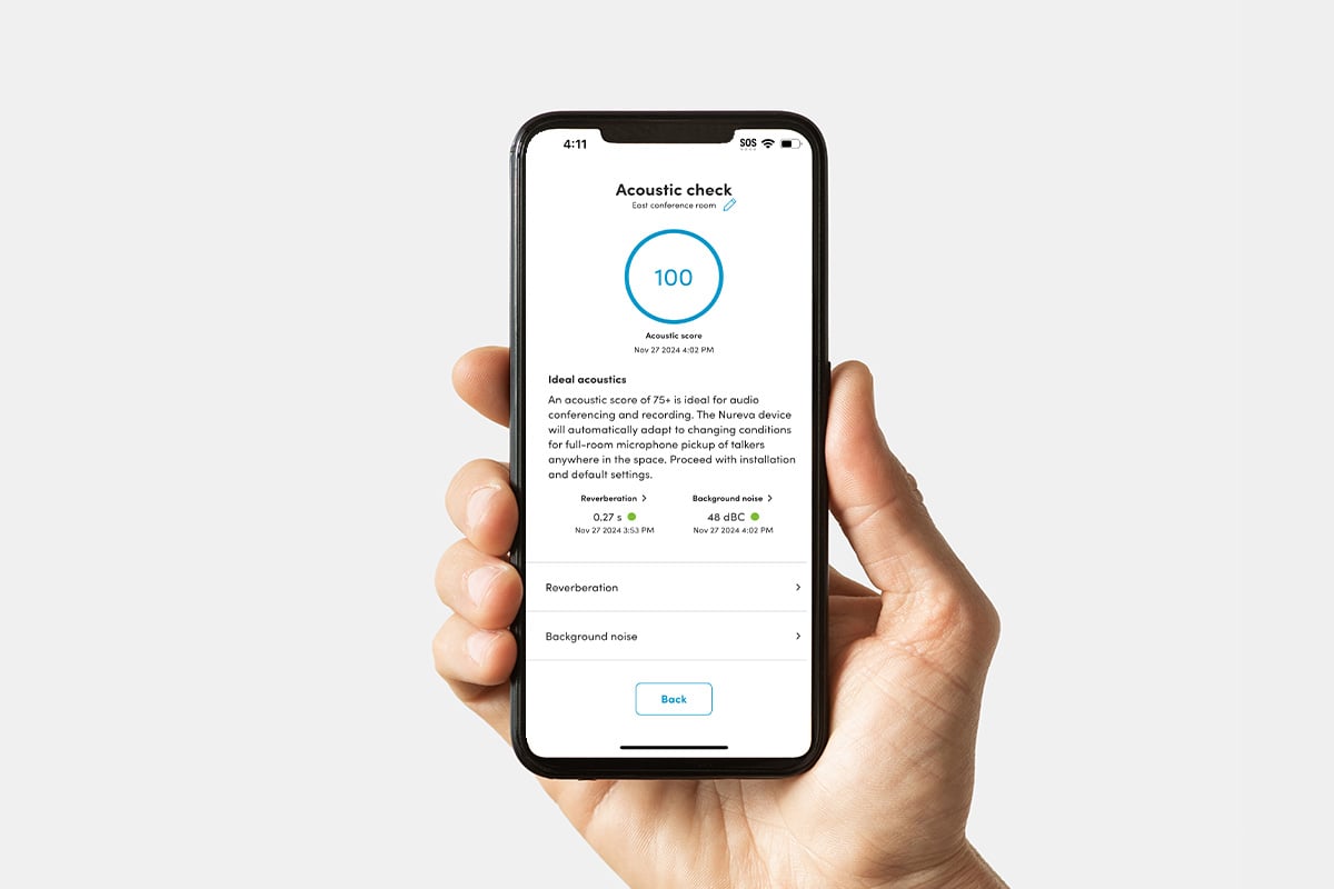 Nureva App interface displayed on a smartphone showing acoustic check results, including sound score, reverberation, and background noise metrics for optimizing audio performance in meeting spaces.