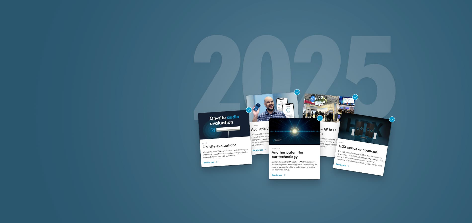 Nureva 2025 key accomplishments graphic featuring highlights such as on-site audio evaluations, acoustic check, new patents, HDX series announcement and major event participation.