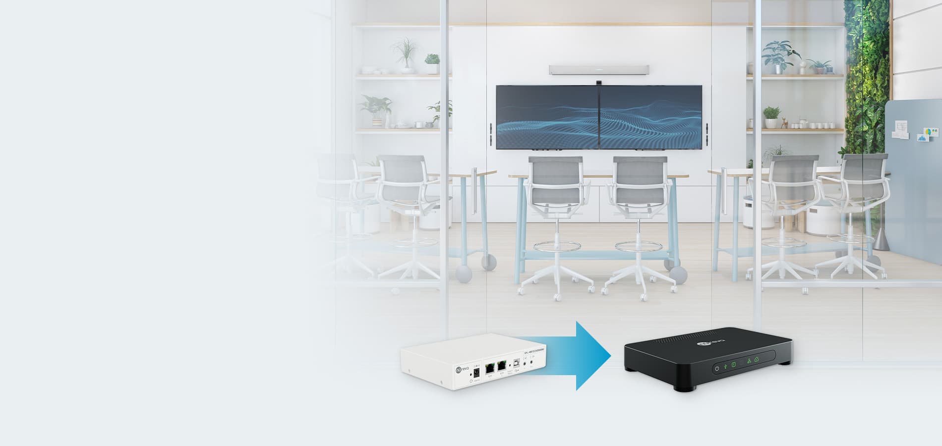 Graphic illustrating Nureva HDL upgrade program with next-gen connect module, showing transition from older HDL systems to HDL310 and HDL410 for enhanced audio performance in modern meeting spaces.