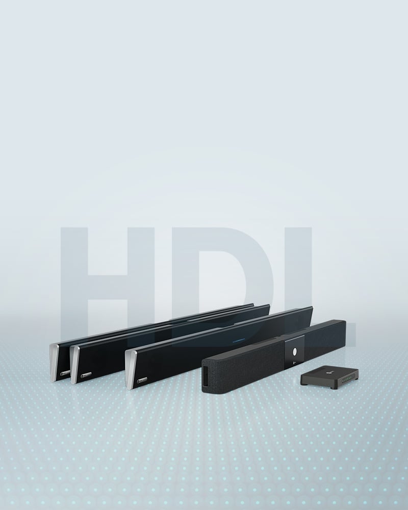 Nureva HDL series with HDL410, HDL310 and HDL200 audio bars and a connect module overlayed on the letters "HDL" and Microphone Mist technology virtual microphones.