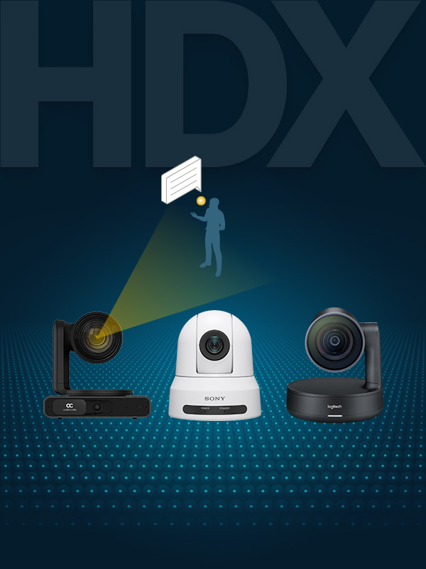 Graphic illustrating Nureva HDX series using 3D sound location data to integrate with PTZ cameras for automatic speaker tracking in large meeting rooms and hybrid conferencing environments.