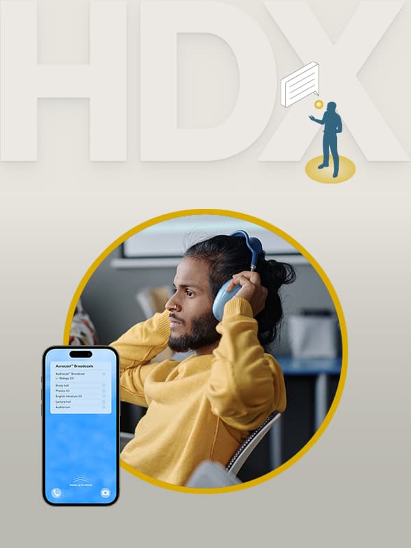 Graphic illustrating Nureva HDX series supporting assistive listening with Auracast™ broadcast audio, showing Bluetooth-enabled headphones and a mobile device interface for accessible audio in meeting spaces.