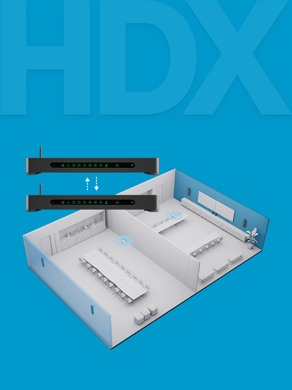Graphic illustrating Nureva HDX series with divisible room automation feature, showing two connected control units and a 3D layout of a meeting space that can be split into separate rooms for flexible audio coverage.