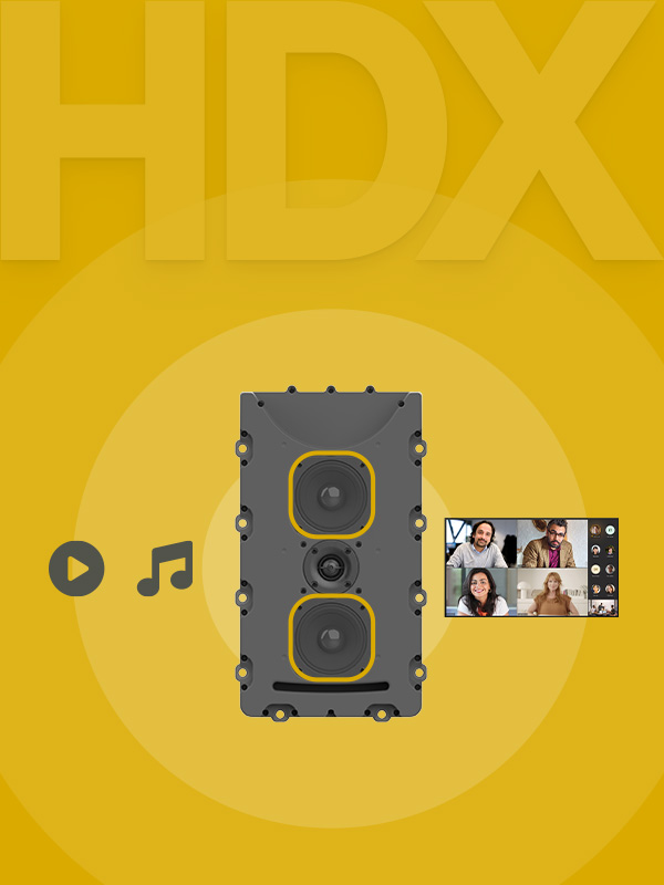 Graphic illustrating Nureva HDX series full-range distributed audio feature, showing internal speaker components and video conferencing integration for clear sound in large meeting spaces.