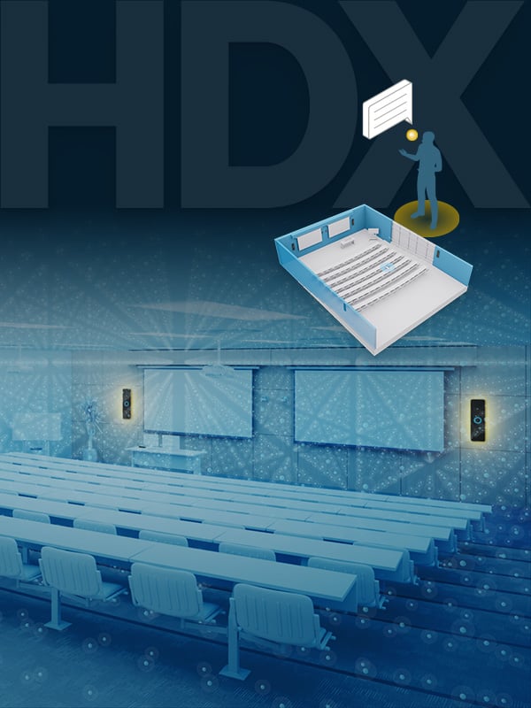 Graphic illustrating Nureva HDX series delivering full-room microphone coverage in a large lecture hall, with wall-mounted audio bars and visualized sound pickup for hybrid learning and presentations.