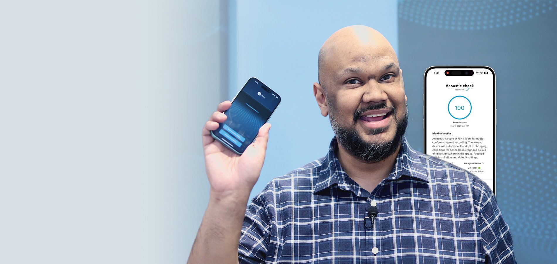 Person demonstrating Nureva App acoustic check on a smartphone, with two mobile screens showing reverberation and acoustic score results for optimizing audio performance in meeting spaces.