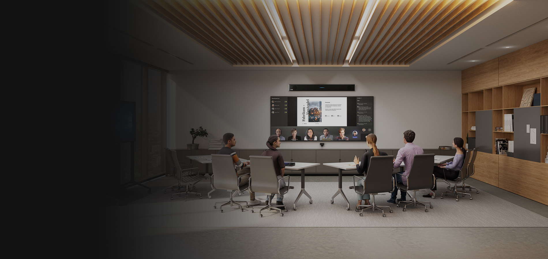Modern conference room with participants seated around tables, engaging in a hybrid meeting with remote attendees displayed on a large screen. Ceiling features wood panel design and Nureva audio system for clear sound.